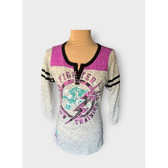 American Fighter Women's M Split Neck Fighter Training Graphic Tee Gray Purple - Picture 1 of 6